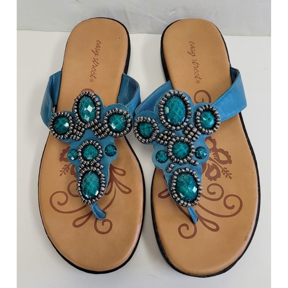 EASY STREET Womens Thong Sandals Size  8W Turquoise Cushion Comfort Shoe's EUC - Picture 1 of 8